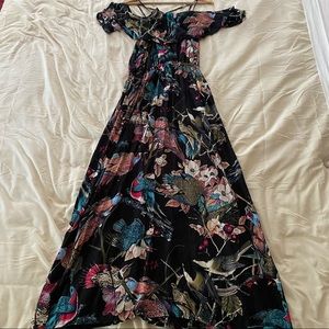Brand New Off-the-Shoulder Black Maxi Dress with Multicolor Birds and Flowers